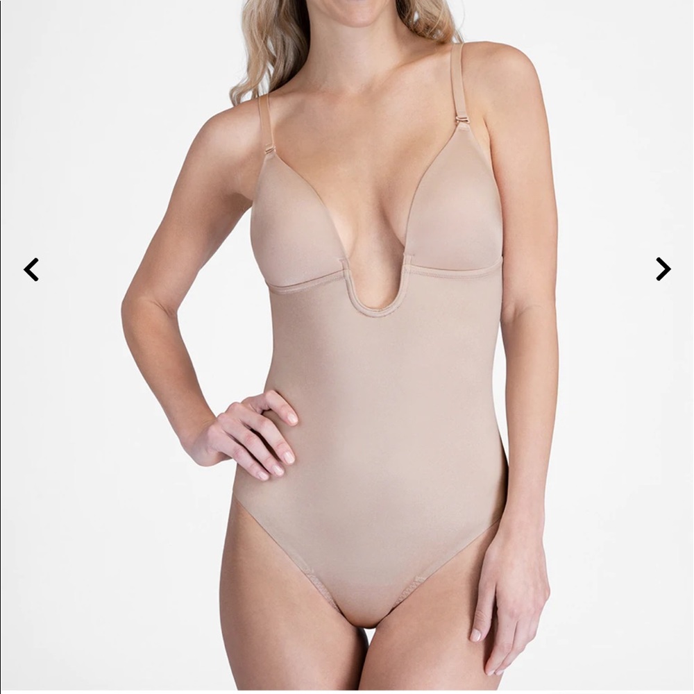 NWT The Suit Your Fancy Plunge Low-Back Thong Bodysuit- Spanx Champagne Beige